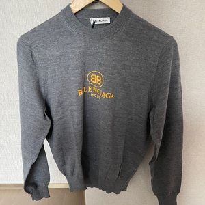 Balenciaga Men’s Gray Sweater with BB Logo Wool-knit Round Neck Long Sleeve Warm